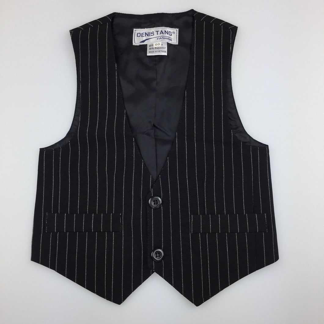 Boys Denis Tang Fashion, black pin stripe formal / wedding vest, EUC, size 00