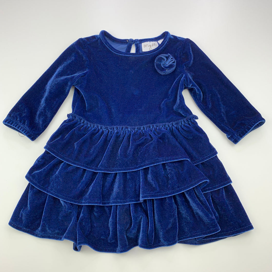 Girls Origami, blue velvet long sleeve party dress, EUC, size 0, L: 40cm