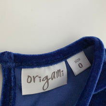 Load image into Gallery viewer, Girls Origami, blue velvet long sleeve party dress, EUC, size 0, L: 40cm