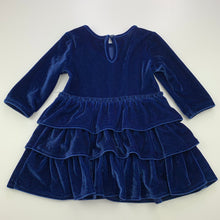Load image into Gallery viewer, Girls Origami, blue velvet long sleeve party dress, EUC, size 0, L: 40cm