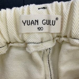 unisex YUAN GULU, cropped cream denim pants, elasticated, Inside leg: 33.5cm, EUC, size 6,  
