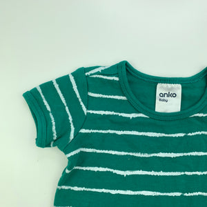 unisex Anko, green stripe cotton bodysuit / romper, EUC, size 00,  