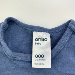 unisex Anko, blue organic cotton bodysuit / romper, GUC, size 000,  