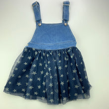 Load image into Gallery viewer, Girls Anko, spliced stretch denim / tulle overalls dress, GUC, size 4, L: 53cm