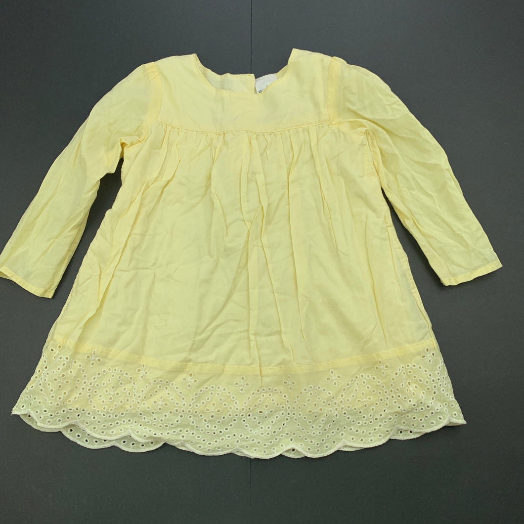 Girls Target, lined lemon cotton dress, top button missing, FUC, size 1, L: 39cm