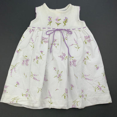 Girls Mayoral, lined white & purple floral dress, GUC, size 6 months, L: 41cm