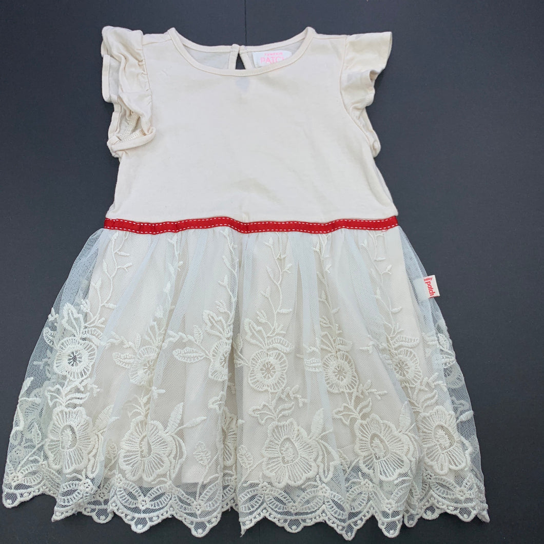 Girls Pumpkin Patch, beige floral lace party dress, small mark upper back, FUC, size 1, L: 45cm