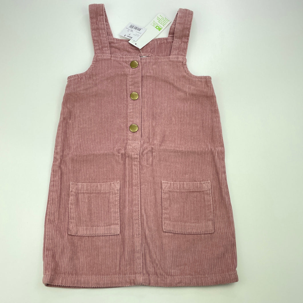 Girls Anko, pink corduroy cotton pinafore dress, NEW, size 3, L: 55cm