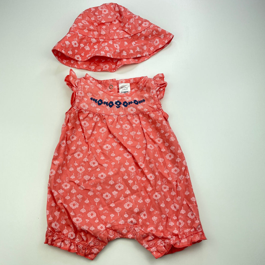 Girls Tiny Little Wonders, floral cotton romper, hat, GUC, size 000,  