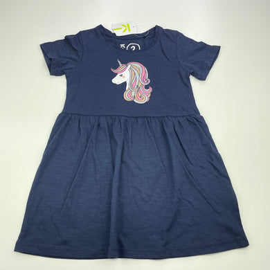 Girls KID, navy cotton casual dress, unicorn, NEW, size 2, L: 50cm