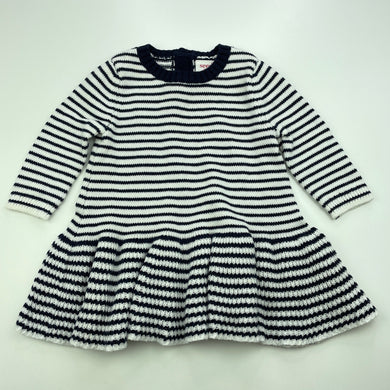 Girls Seed, navy stripe knitted cotton long sleeve dress, GUC, size 000, L: 34cm