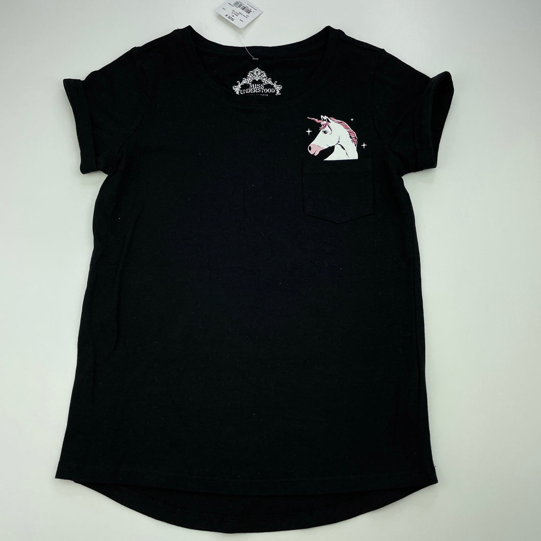 Girls Miss Understood, black stretchy t-shirt / top, unicorn, NEW, size 8,  