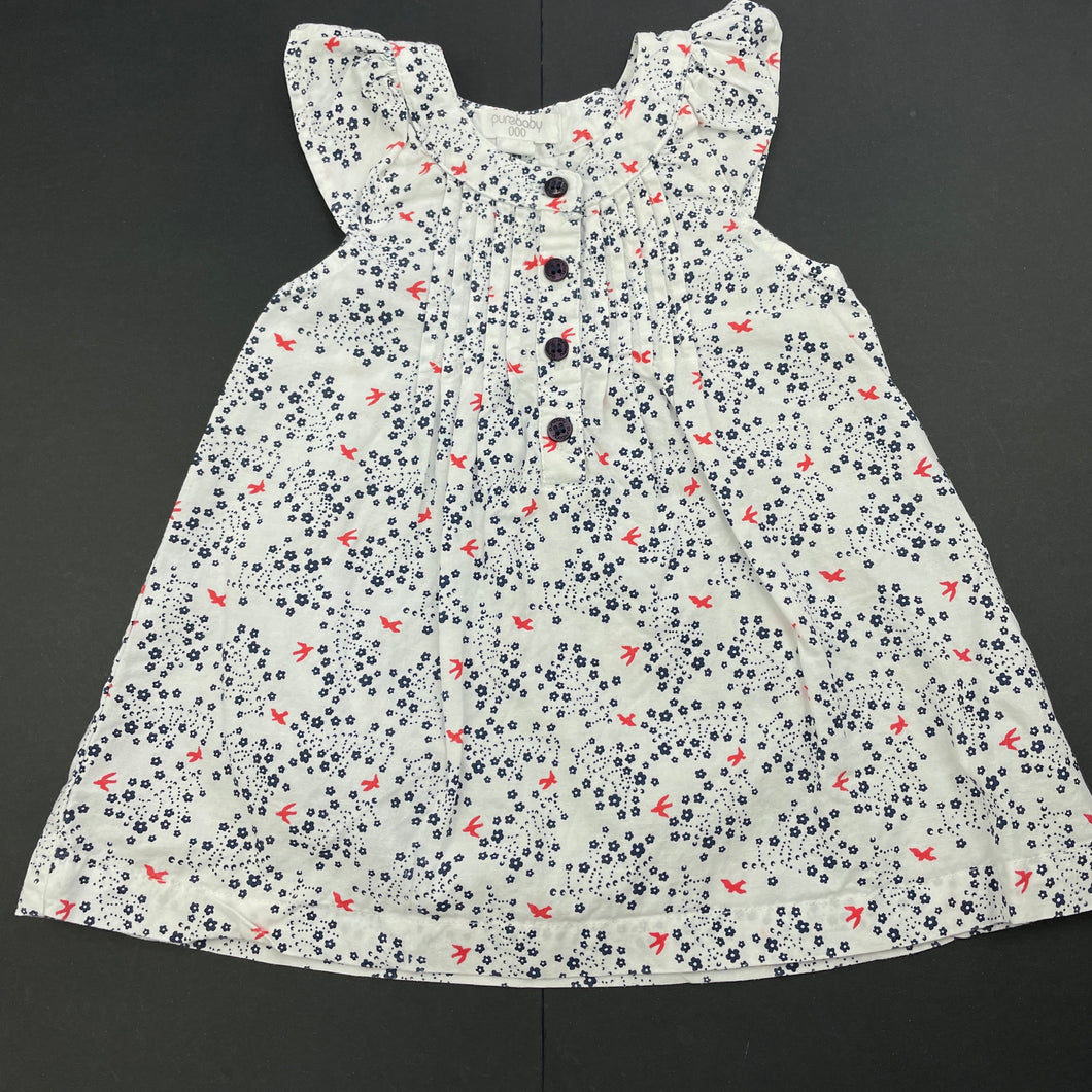 Girls purebaby, lightweight organic cotton summer dress, GUC, size 000, L: 34cm