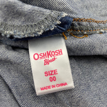 Load image into Gallery viewer, Girls Osh Kosh, denim overalls dress / pinafore, GUC, size 00, L: 44cm