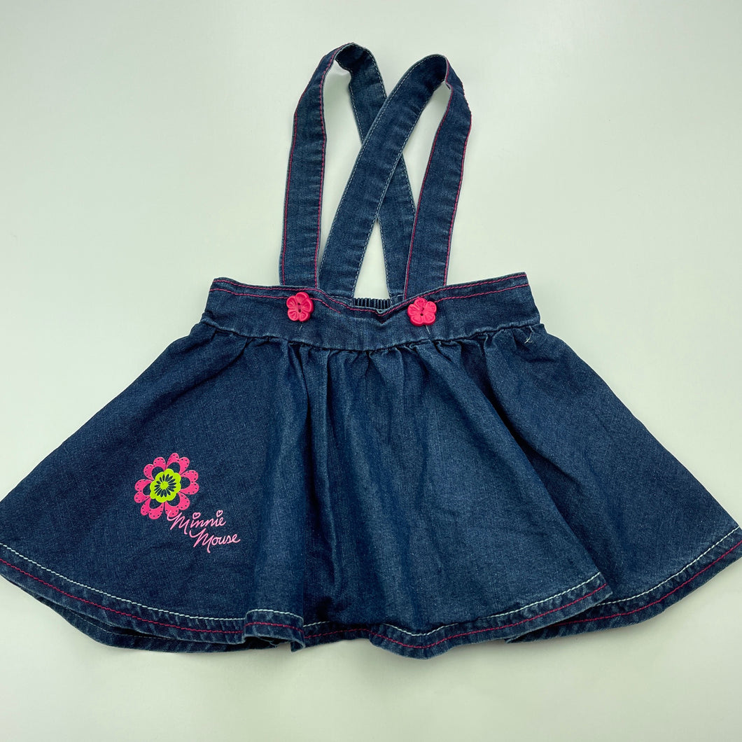 Girls 123, Minnie Mouse lightweight denim suspender skirt, elasticated, GUC, size 0,  