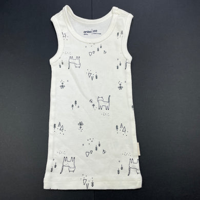 unisex Anko, organic cotton singlet top, cat, EUC, size 00,  
