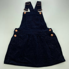 Load image into Gallery viewer, Girls Target, navy &amp; gold stretch corduroy overalls dress / pinafore, EUC, size 4, L: 54cm