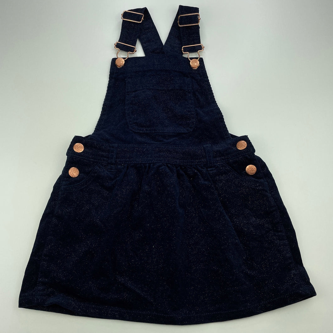 Girls Target, navy & gold stretch corduroy overalls dress / pinafore, EUC, size 4, L: 54cm