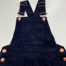 Load image into Gallery viewer, Girls Target, navy &amp; gold stretch corduroy overalls dress / pinafore, EUC, size 4, L: 54cm