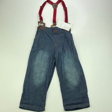 Boys Milk Threads, lightweight denim pants, elasticated, braces, Inside leg: 29cm, NEW, size 2,  