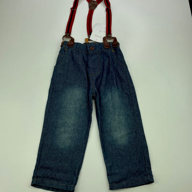 Boys Milk Threads, lightweight denim pants, elasticated, braces, Inside leg: 30cm, NEW, size 3,  