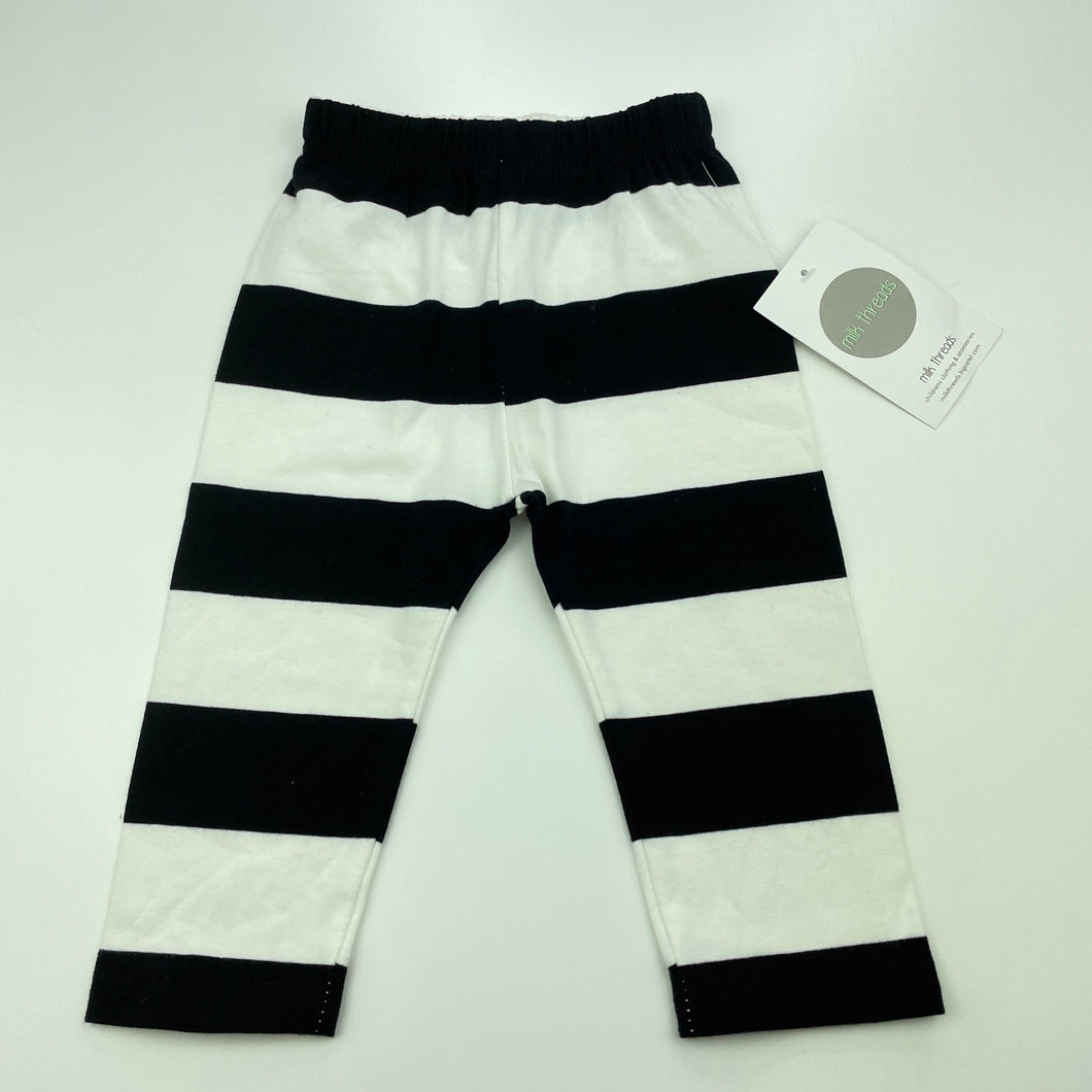 unisex Milk Threads, black & white stripe leggings, elasticated, Inside leg: 21.5cm, NEW, size 00,  