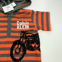 Load image into Gallery viewer, Boys Calvin Klein, orange &amp; grey stripe hooded romper, NEW, size 1-2,  