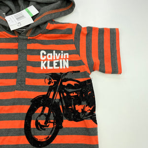 Boys Calvin Klein, orange & grey stripe hooded romper, NEW, size 1-2,  