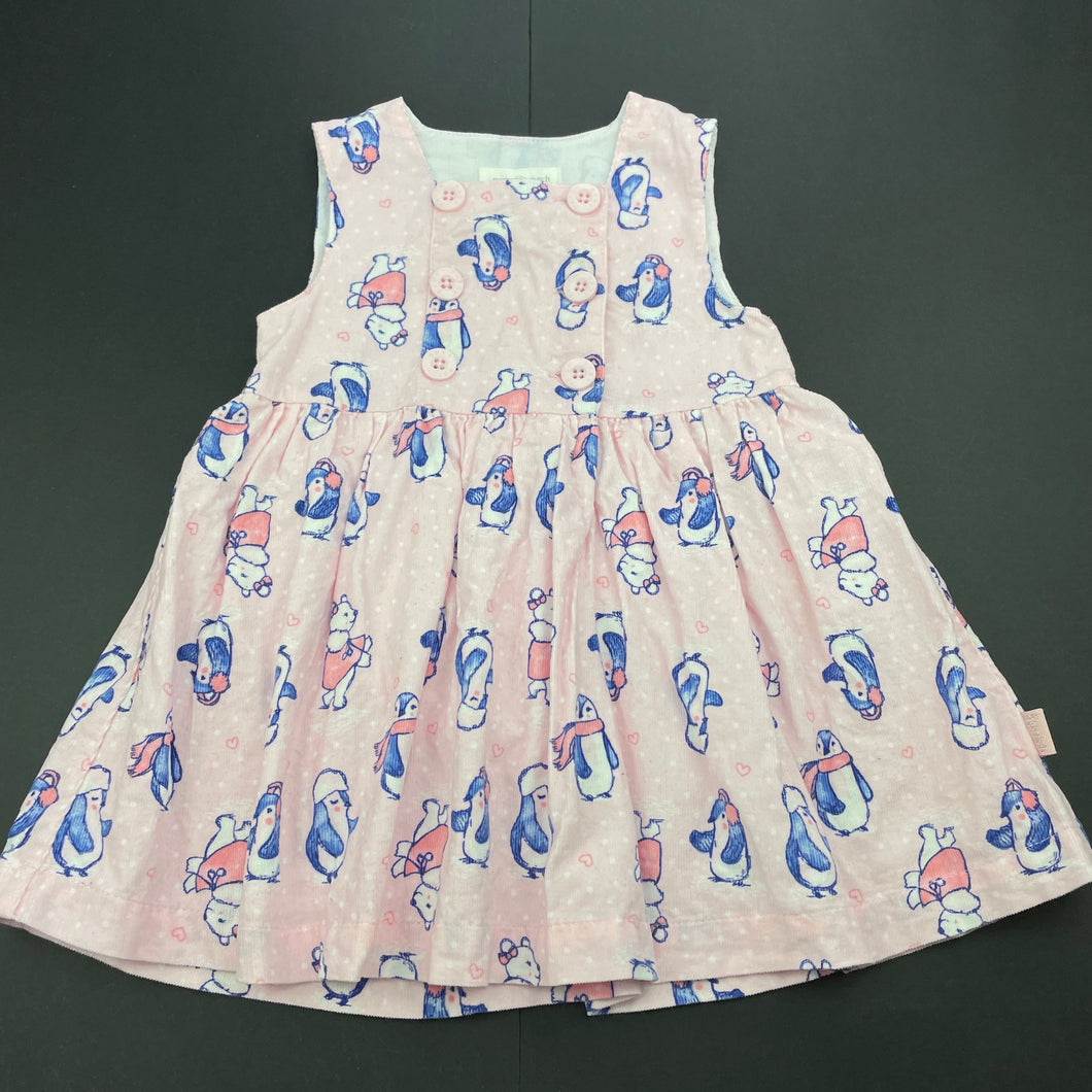 Girls Pumpkin Patch, lined corduroy cotton dress, penguins, GUC, size 0, L: 44cm