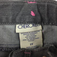 Load image into Gallery viewer, Girls Cherokee, stretch denim jeans, silver glitter, adjustable, GUC, size 2