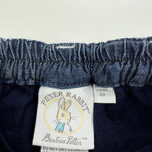 Load image into Gallery viewer, Boys Peter Rabbit, cotton lined denim pants, adjustable, GUC, size 00,  