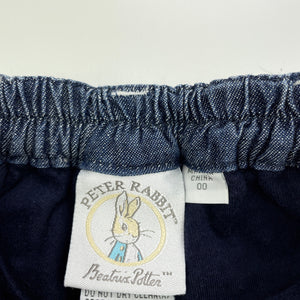 Boys Peter Rabbit, cotton lined denim pants, adjustable, GUC, size 00,  