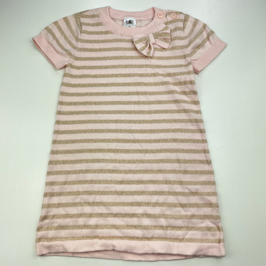 Girls H&T, pink & gold knitted short sleeve dress, EUC, size 2, L: 47cm