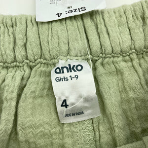Girls Anko, green crinkle cotton shorts, elasticated, NEW, size 4,  