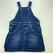 Load image into Gallery viewer, Girls Feedback, blue denim overalls dress / pinafore, GUC, size 4, L: 52cm