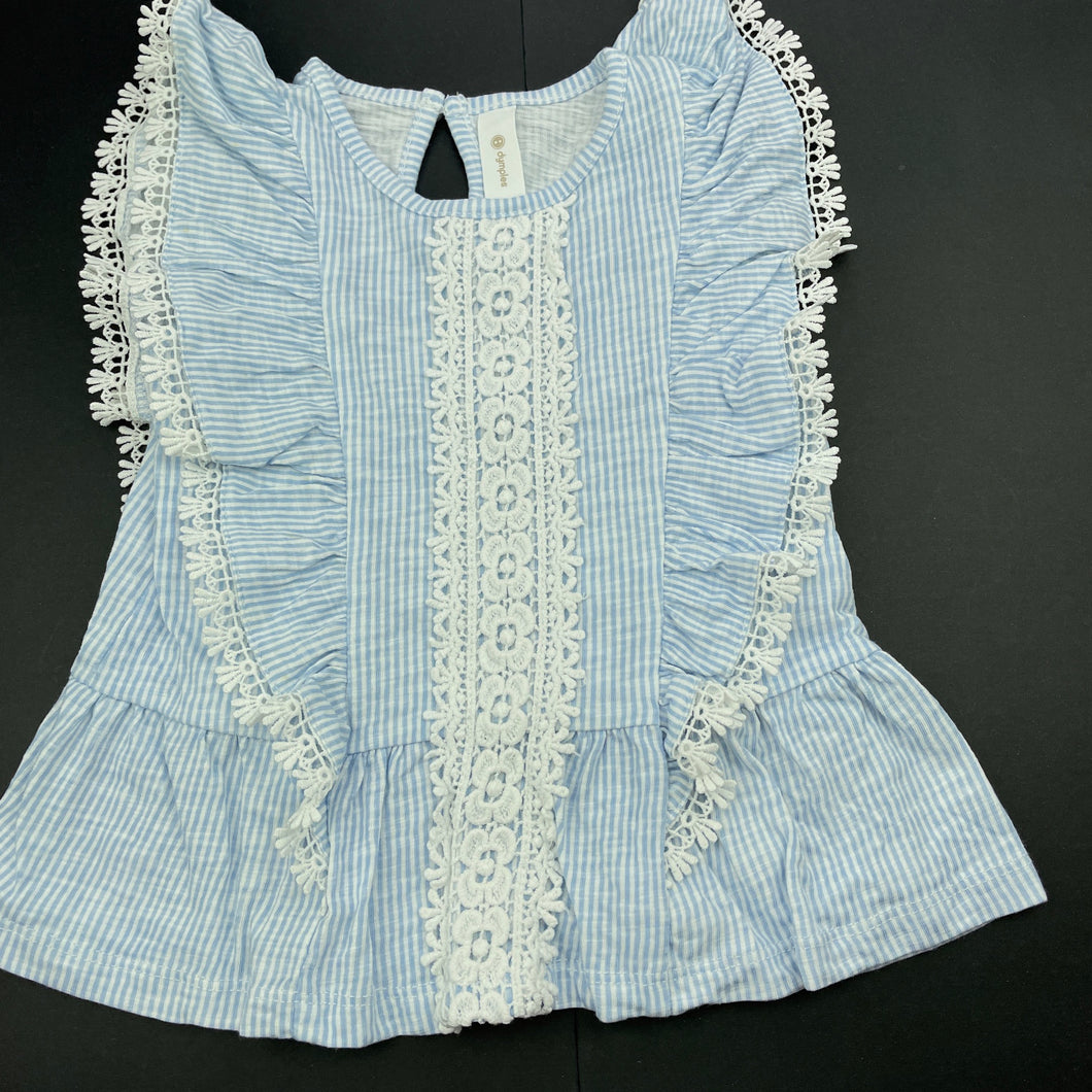Girls Dymples, blue stripe cotton top, lace trim, FUC, size 1,  