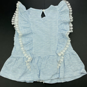 Girls Dymples, blue stripe cotton top, lace trim, FUC, size 1,  