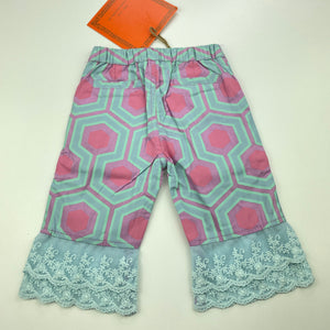 Girls Trish Scully, colourful cotton pants, elasticated, Inside leg: 18cm, NEW, size 12 months,  