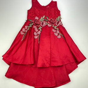 Girls QCUTE, lined red hi-lo party dress, armpit to armpit: 27cm, GUC, size 3-4, L: 55cm at front