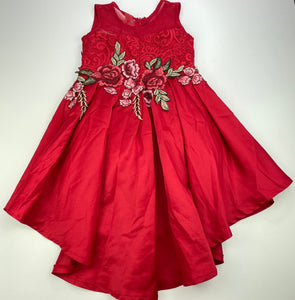 Girls QCUTE, lined red hi-lo party dress, armpit to armpit: 27cm, GUC, size 3-4, L: 55cm at front