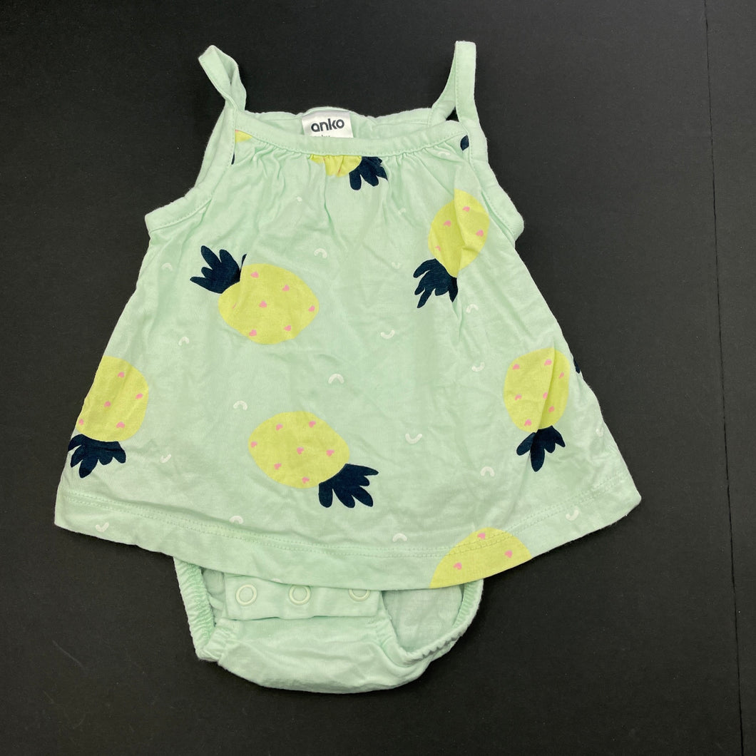 Girls Anko, mint cotton summer romper, pineapples, EUC, size 0000,  