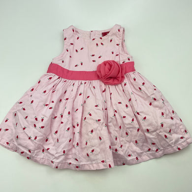 Girls Sprout, lined cotton party dress, strawberries, GUC, size 000, L: 35cm