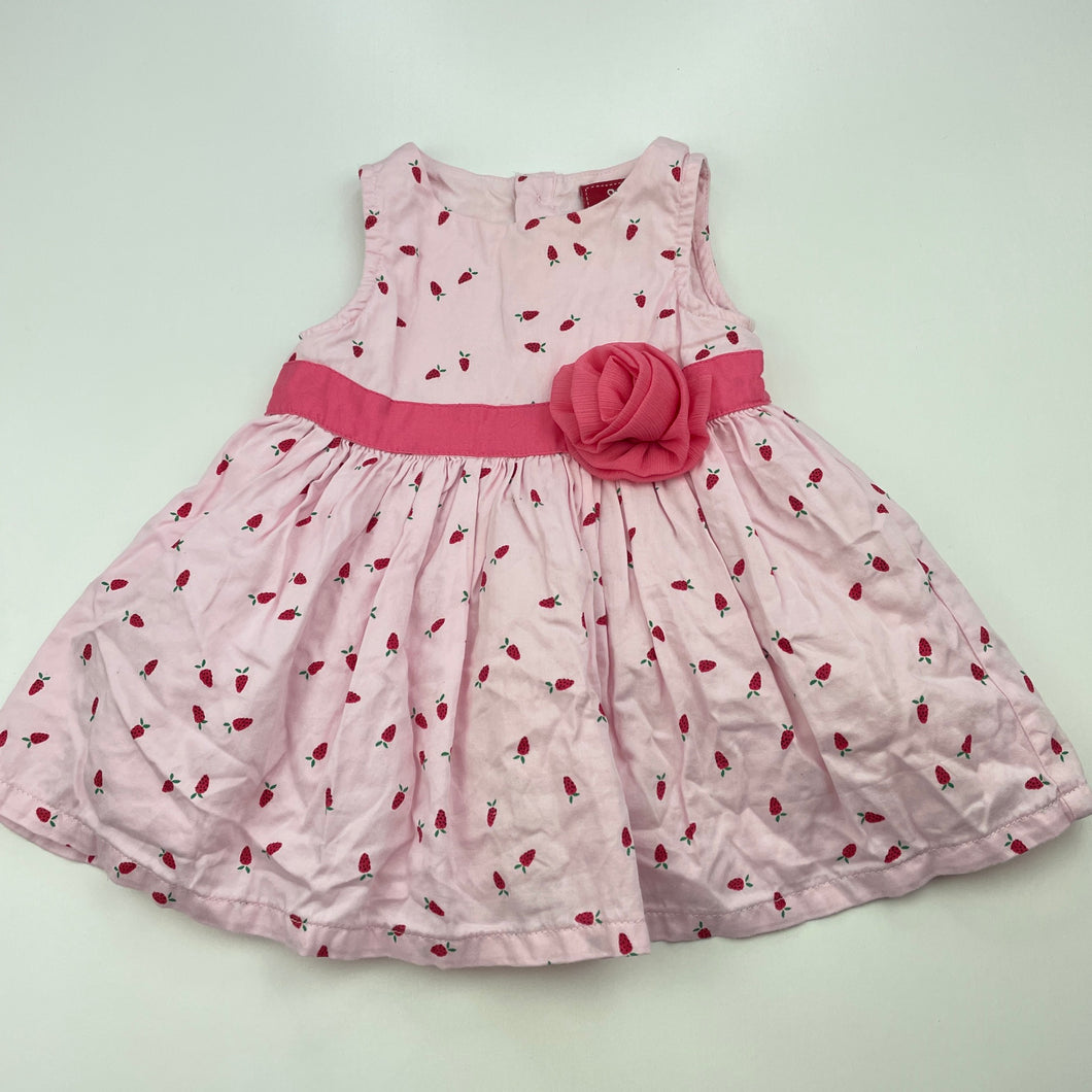 Girls Sprout, lined cotton party dress, strawberries, GUC, size 000, L: 35cm