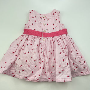 Girls Sprout, lined cotton party dress, strawberries, GUC, size 000, L: 35cm