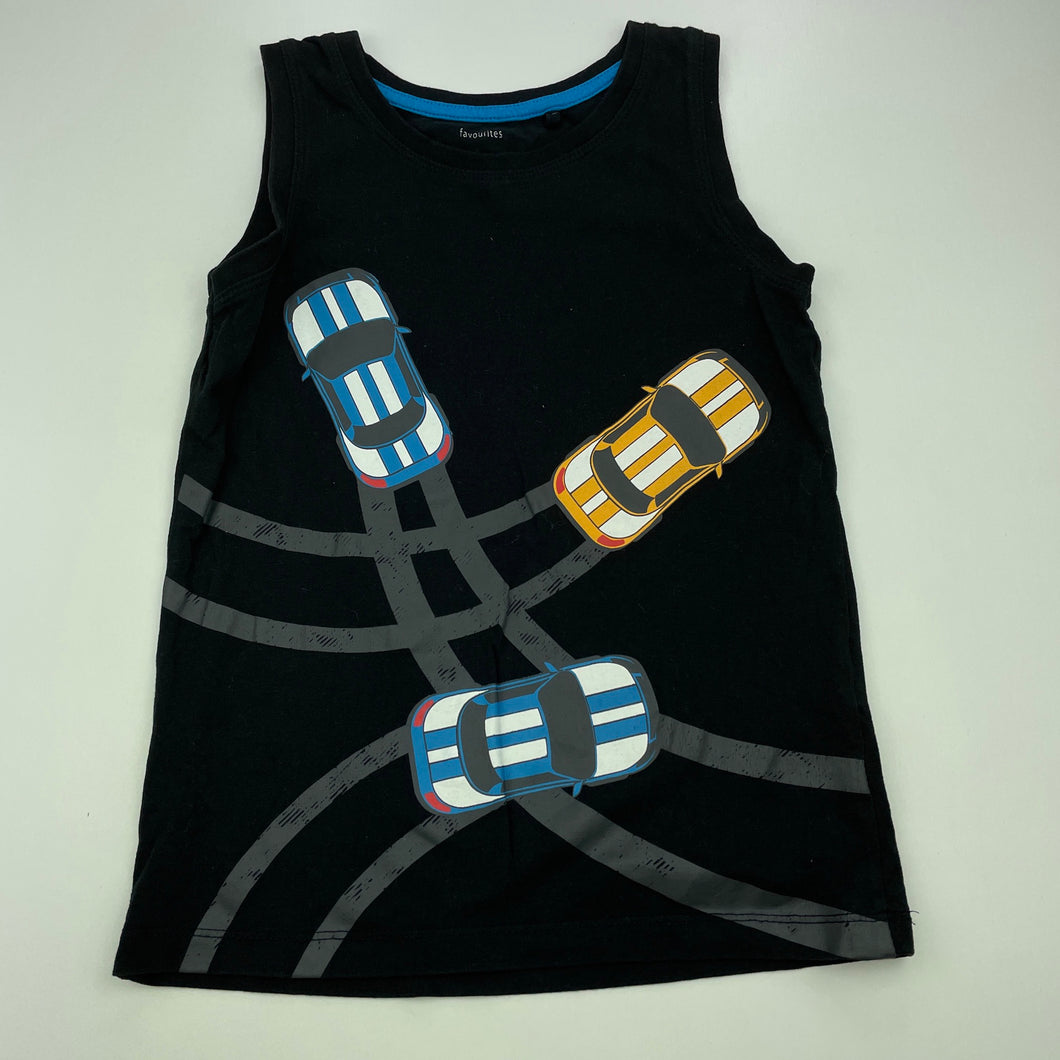 Boys Favourites, black cotton singlet top, cars, FUC, size 6,  