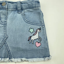 Load image into Gallery viewer, Girls Kids &amp; Co, blue stretch denim skirt, adjustable, unicorn, GUC, size 2,  