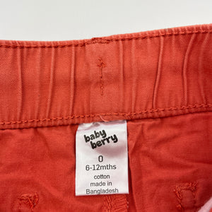 Boys Baby Berry, orange cotton shorts, elasticated, GUC, size 0,  