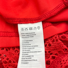 Load image into Gallery viewer, Girls Bardot Junior, lined red/orange lace party dress, GUC, size 7, L: 64cm at front