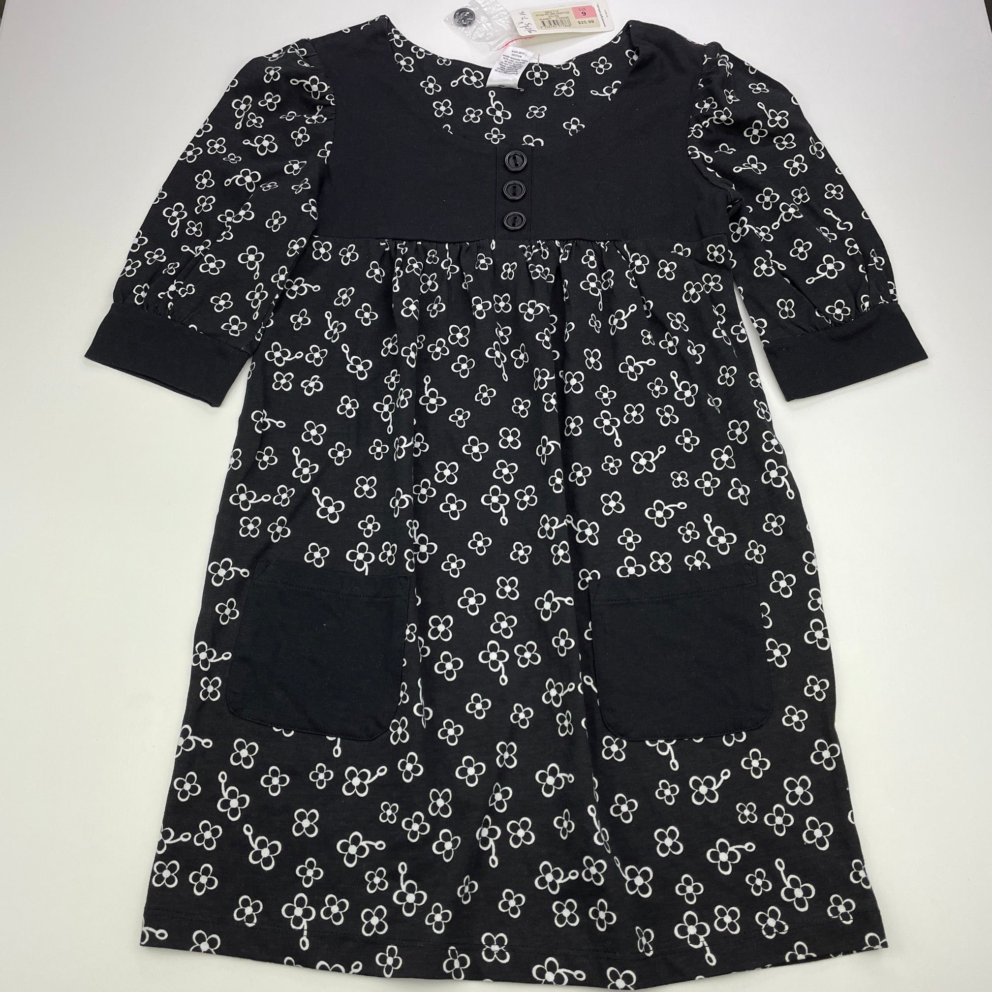 Target, black white floral cotton casual dress, NEW, size 9, L