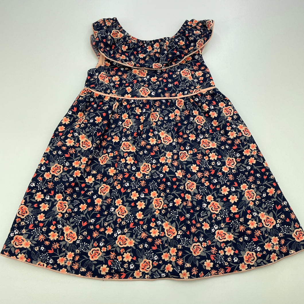 Girls Penelope Mack, lined navy floral cotton summer dress, EUC, size 1-2, L: 46cm